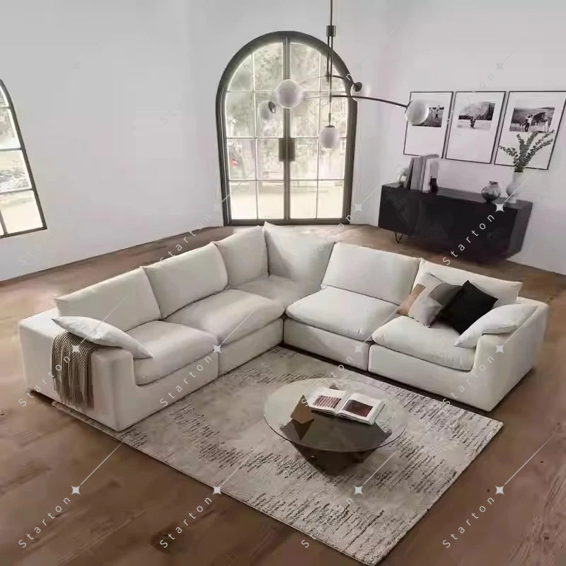 Nordic Cream White Linen Fabric Living Room Couch Sectional Cloud Sofa Modern Simple L Shaped Modular Corner Sofa Set Furniture