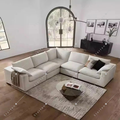 Nordic Cream White Linen Fabric Living Room Couch Sectional Cloud Sofa Modern Simple L Shaped Modular Corner Sofa Set Furniture