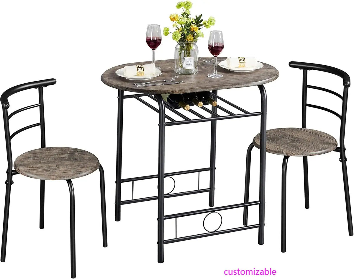 3 Piece Dining Table Set, Kitchen Table & Chair Sets for 2, Compact Bistro Table Set with Steel Legs, Built-in Wine Rack
