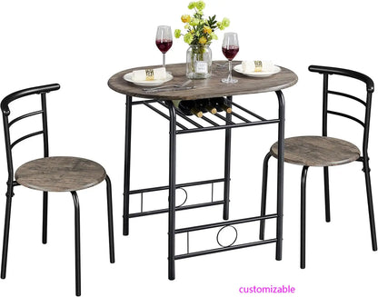 3 Piece Dining Table Set, Kitchen Table & Chair Sets for 2, Compact Bistro Table Set with Steel Legs, Built-in Wine Rack