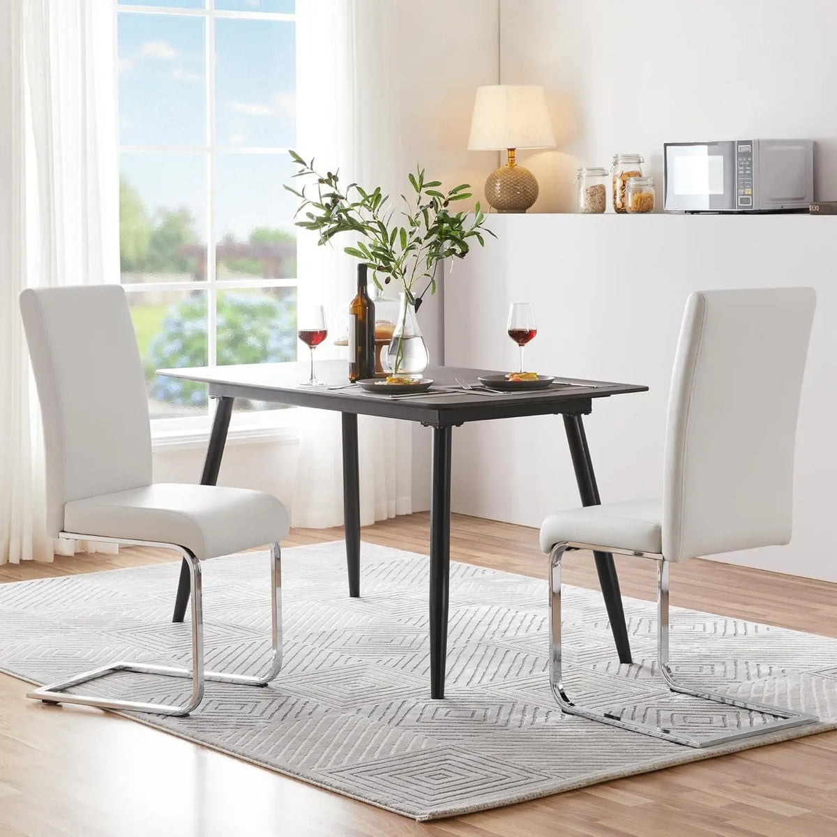 Set of 2 Chrome Metal Finish Side Chairs, Gray-Taupe Faux Leather Upholstery, Casual Dining Furniture