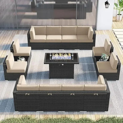 15-Piece Outdoor Wicker Rattan Sectional Sofa Set with Fire Pit Table and Coffee Table