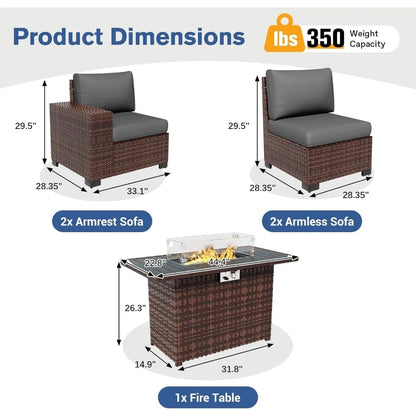 5-piece brown wicker outdoor patio furniture set with fire pit table and sectional sofa for deck and garden conversation area