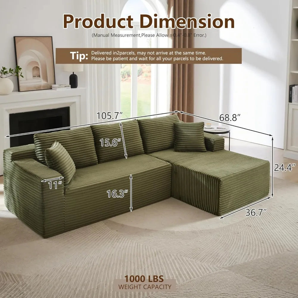 Corduroy Fabric L-Shaped Sectional Sofa, Right Chaise, Cloud Comfort for Living Room
