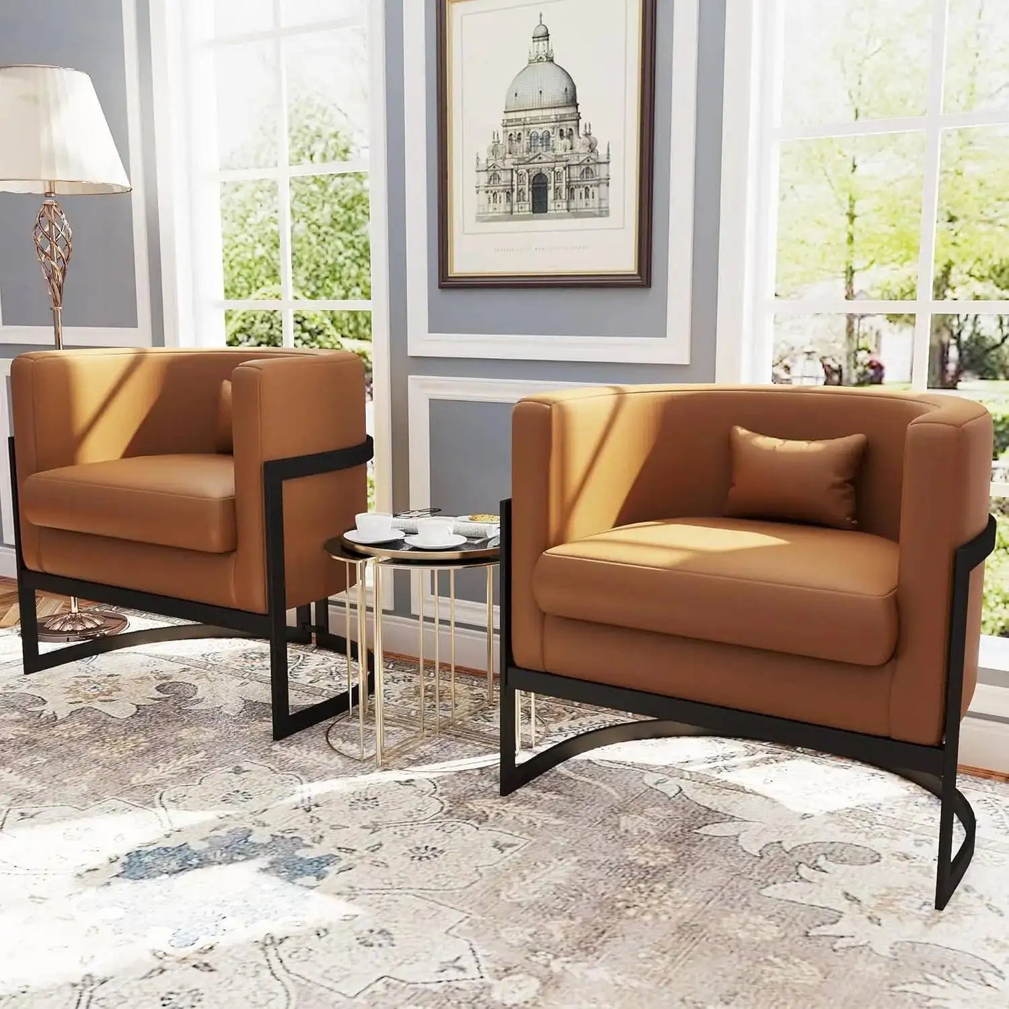 Velvet Upholstered Accent Chair with Gold Frame, Modern Barrel Armchair for Bedroom, Living Room, or Vanity Corner