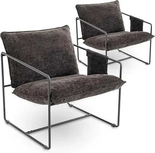 Upholstered Hanging Armchair with Arm Pocket, Comfy Accent Chair with Metal Frame, Crushed Foam Cushions and Skin-Friendly Brai