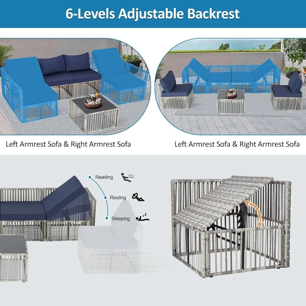7 Pieces Outdoor Patio Furniture Set, Wicker Outdoor Sectional Conversation Couch Set with Adjustable Backrest Sofa