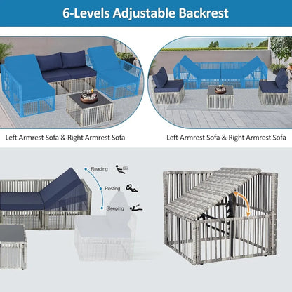 7 Pieces Outdoor Patio Furniture Set, Wicker Outdoor Sectional Conversation Couch Set with Adjustable Backrest Sofa