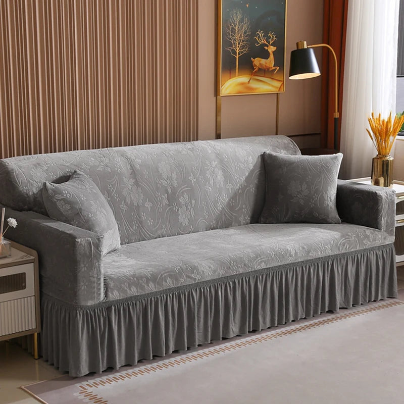 Elegant Stretchable Sofa Cover with Skirt for 1/2/3/4 Seater Soft Velvet Non-Slip Elastic Luxury Solid Color