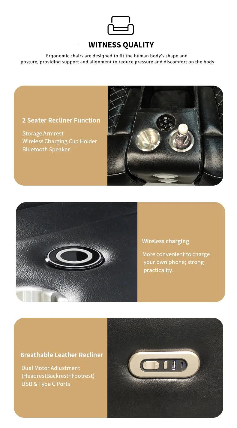 Power Reclining Sofa Couch with Wireless Charger 3 Seaters Recliner  Reading Light Leather Bluetooth Speaker Theater Seating LED