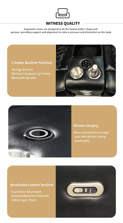 Power Reclining Sofa Couch with Wireless Charger 3 Seaters Recliner  Reading Light Leather Bluetooth Speaker Theater Seating LED