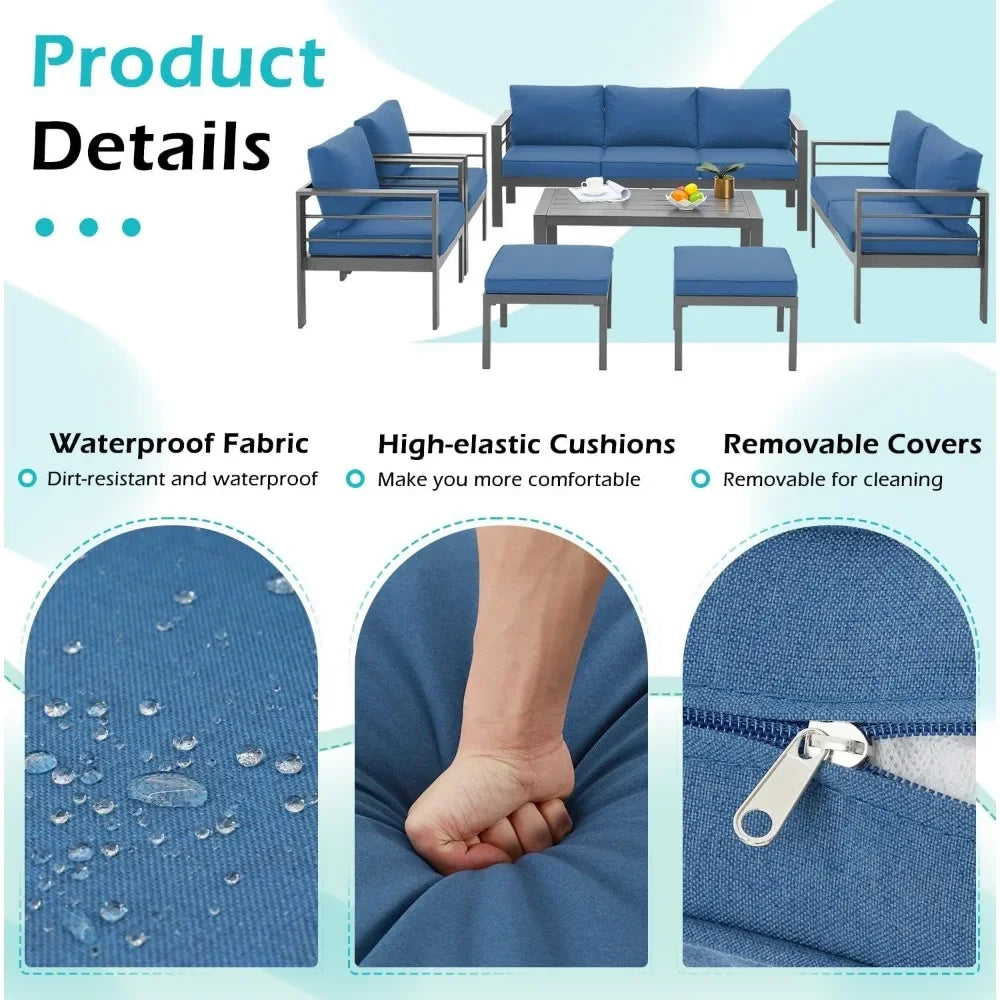 Aluminium modern patio furniture with coffee table, 7-piece outdoor conversation set, dark grey cushions, suitable for balcony