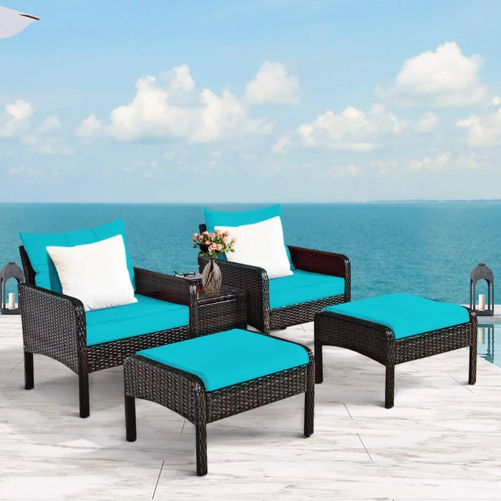 Wicker Furniture 5-Piece PE Wicker Rattan Outdoor Cushioned Sofa & Ottoman Set for Lawn, Pool, Balcony & Conversation A