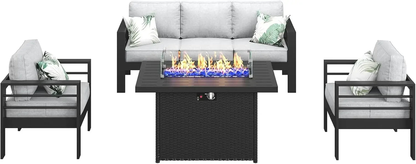 Garden Furniture Set, 5 Pieces Patio Outdoor Aluminum Sectional Conversation, Chat Sofa Modern Seating Set with Coffee Table