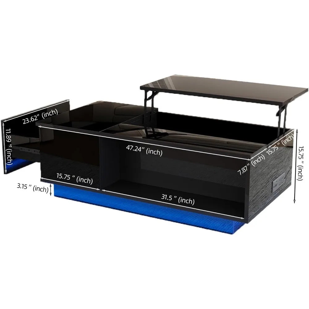 47" Modern LED Coffee Table with Lift Top, All Black Coffee Table with Storage High Gloss Surface, Hidden Storage with Drawer,