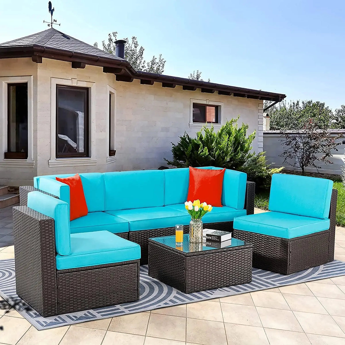 6 Piece Patio Furniture Set, Small Outdoor Sectional Sofa Couch, All Weather PE Wicker L-Shaped Corner Patio Sofa Garden Backya