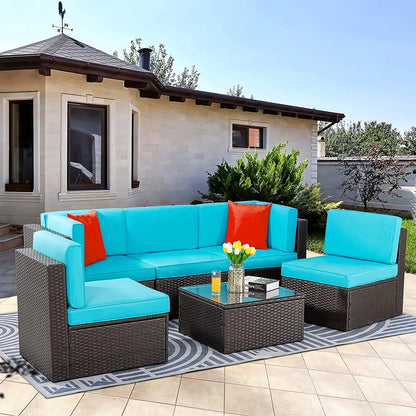 6 Piece Patio Furniture Set, Small Outdoor Sectional Sofa Couch, All Weather PE Wicker L-Shaped Corner Patio Sofa Garden Backya