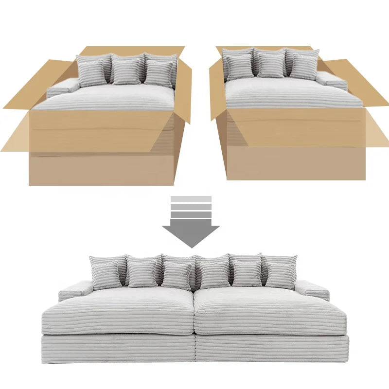 Wide Deep Seat Oversized Loveseat Chaise Compressed Sofa Bed, Fluffy Corduroy Upholstered Cloud Couch Living Room Sofas
