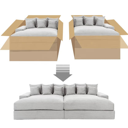 Wide Deep Seat Oversized Loveseat Chaise Compressed Sofa Bed, Fluffy Corduroy Upholstered Cloud Couch Living Room Sofas