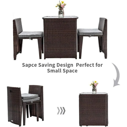 Outdoor Table, 3 PCS Wicker Outdoor Patio Set, with Glass Top Table Dining Chairs, Tables and Chairs Set of 2