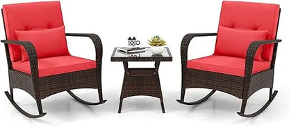 3 Pieces Patio Furniture Set, Outdoor Wicker Rocking Chairs with Cushions, Pillows, Glass Coffee Table, Rattan Bistro Rocker Se