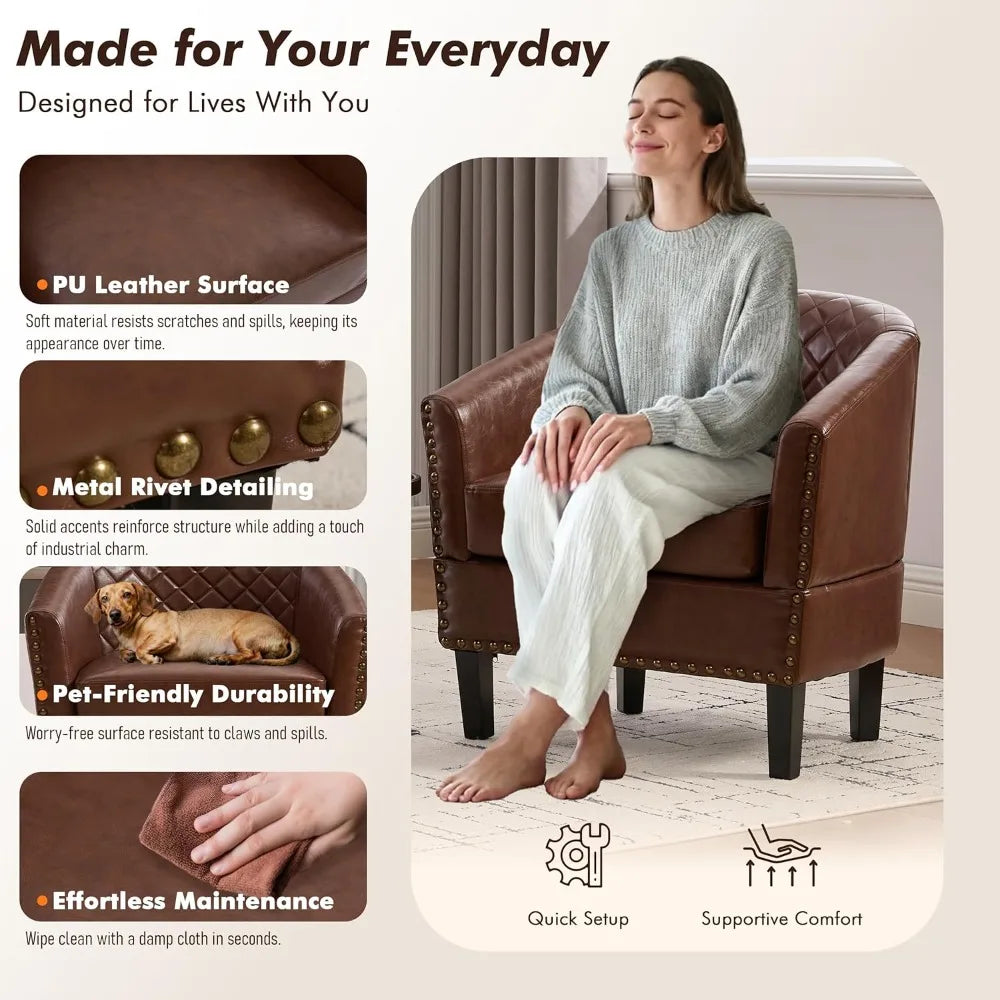 PU Barrel Chair Living Room Chair, Upholstered Sofa Club Chair with Nail-Heads and Solid Wood Legs for Bedroom