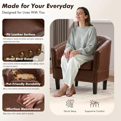 PU Barrel Chair Living Room Chair, Upholstered Sofa Club Chair with Nail-Heads and Solid Wood Legs for Bedroom