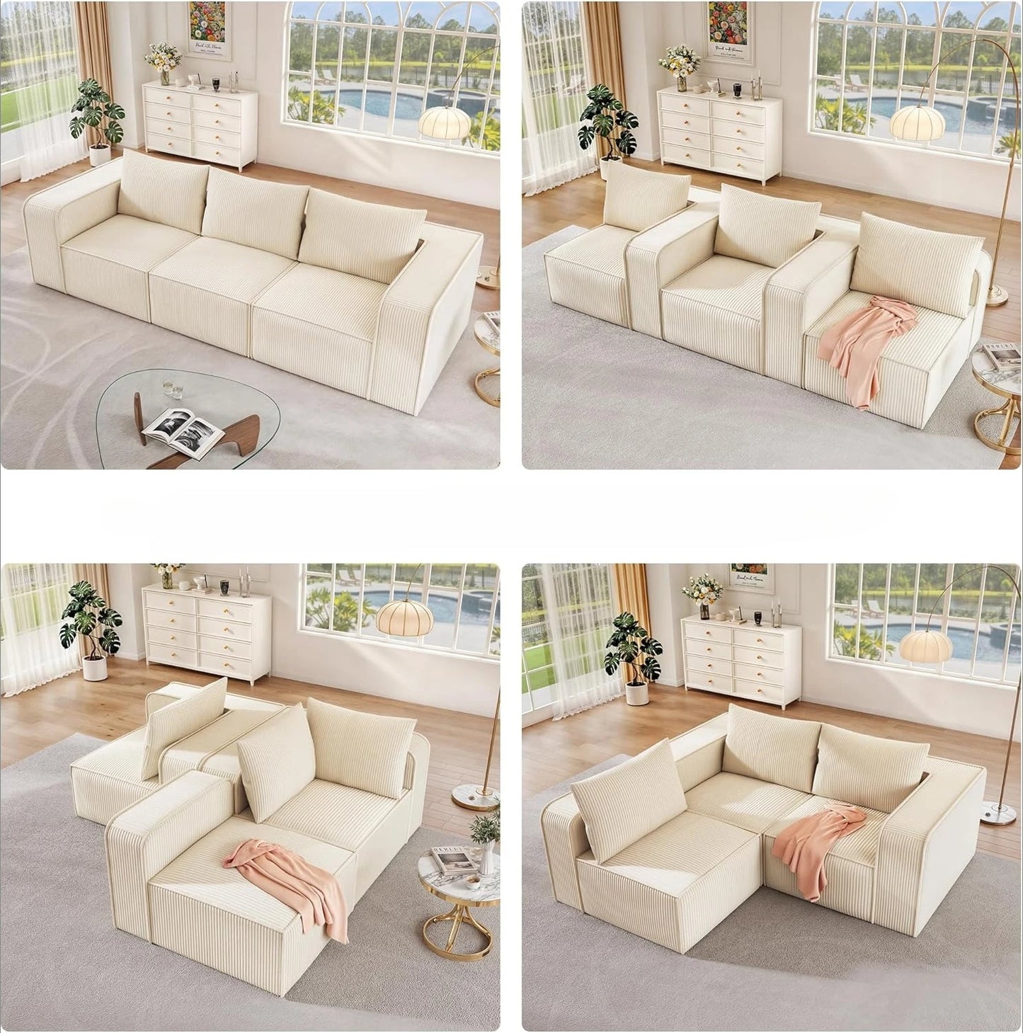 Luxurious 3-Seat Deep Modular Sectional Sofa with Cloud Comfort and 3 Pillows in Corduroy for Living Spaces and Apartments