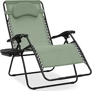 Oversized Zero Gravity Chair, Folding Outdoor Patio Lounge Recliner w/Cup Holder Accessory Tray, Pillow - Gray