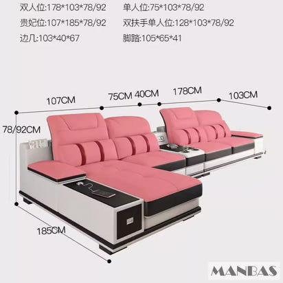 Modern Genuine Leather Sofa Living Room By MANBAS - Stylish Italian Couch with Bluetooth Speaker, USB & Adjustable Headrests