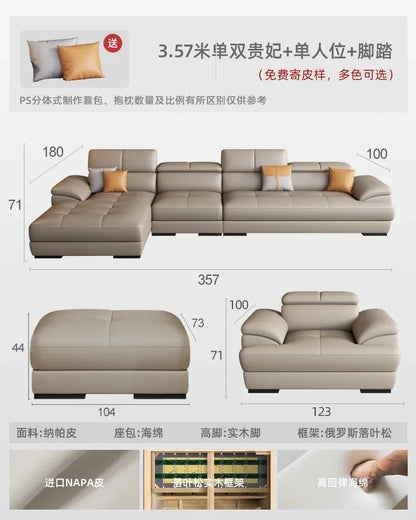 Nordic leather sofa with cowhide top layer, simple modern size, living room, Italian minimalist cream style leather sofa