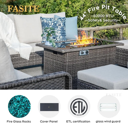 Outdoor Set with 44" Gas Fire Pit Table - PE Wicker Sets Cushioned Seat Couch - Seats Outdoor Chair Set