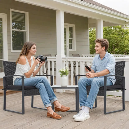 Patio Furniture Set, Outdoor Rattan Bistro Set with Coffee Table, Durable Steel Frame with Strapped Cushions for Garden, Balcony