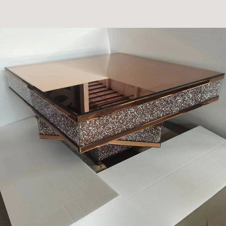 2024 hot sale modern light luxury rose gold 3D three-dimensional mirror rhinestone glass living room square coffee table corner