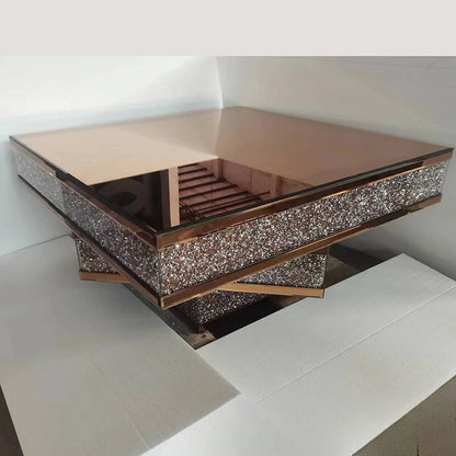 2024 hot sale modern light luxury rose gold 3D three-dimensional mirror rhinestone glass living room square coffee table corner