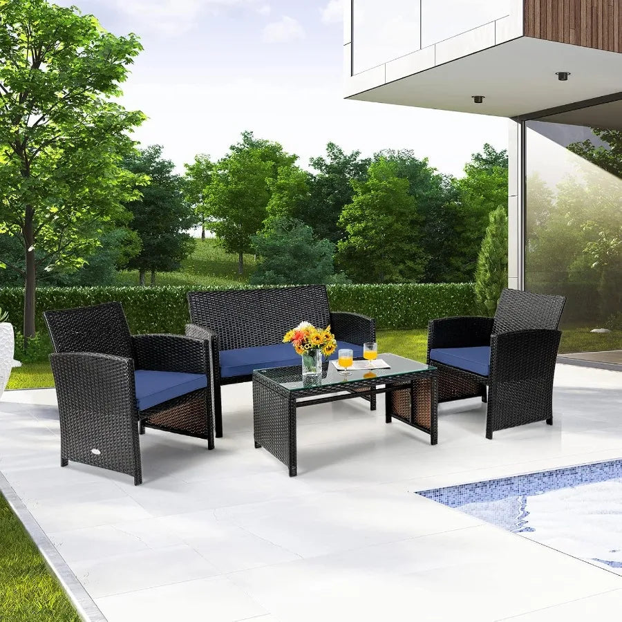 4 Piece Patio Furniture Set Outdoor PE Rattan Wicker Sectional Sofa with Cushion and Coffee Table Patio Conversation Se