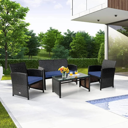 4 Piece Patio Furniture Set Outdoor PE Rattan Wicker Sectional Sofa with Cushion and Coffee Table Patio Conversation Se