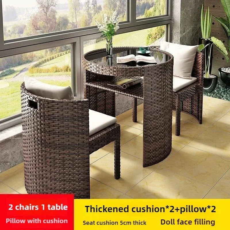 3 Pcs Cushioned Outdoor Wicker Patio Ergonomic Set Outdoor Small Space Furniture