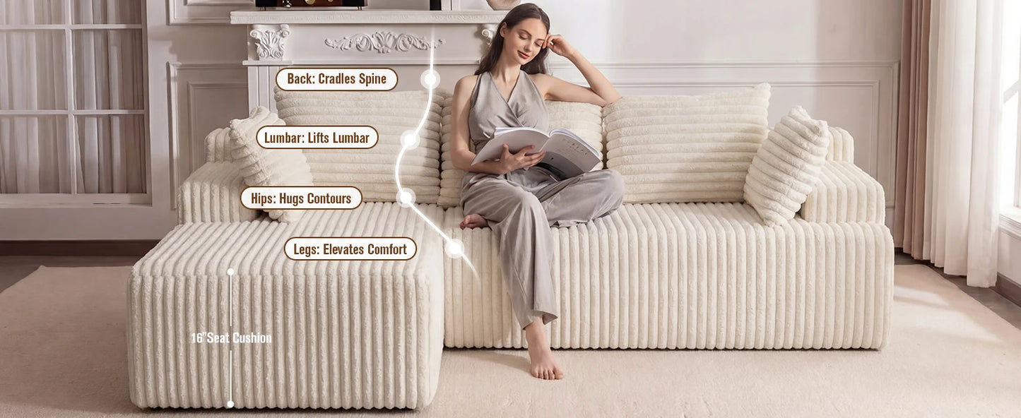 Redlife L-Shape Corduroy Sectional Sofa,Cloud-Like Couch,Boneless Couches, No Assembly Required,Deep Seat, for Living Room