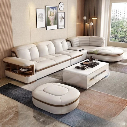 L-Shaped Genuine Leather Sectional Sofa Sets with USB, Bluetooth Speaker