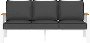 Outdoor Couch Aluminum Patio Furniture Set, All-Weather Metal 3-Seat Sofa with Solid Teak Armrest and Thick Cushions, Green