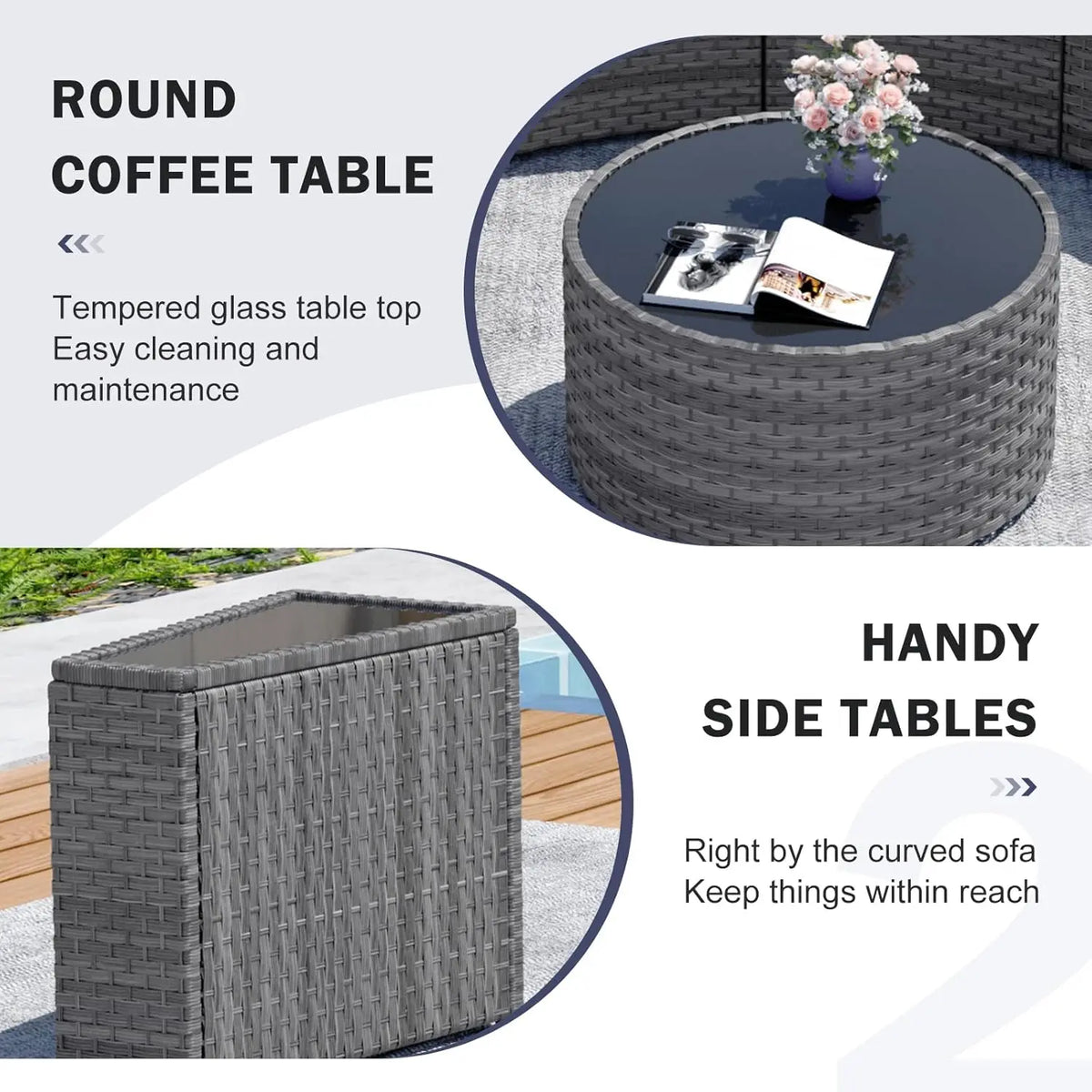Half Moon 11PC Curved Wicker Patio Sofa Set w/Coffee Table, Gray, Customized