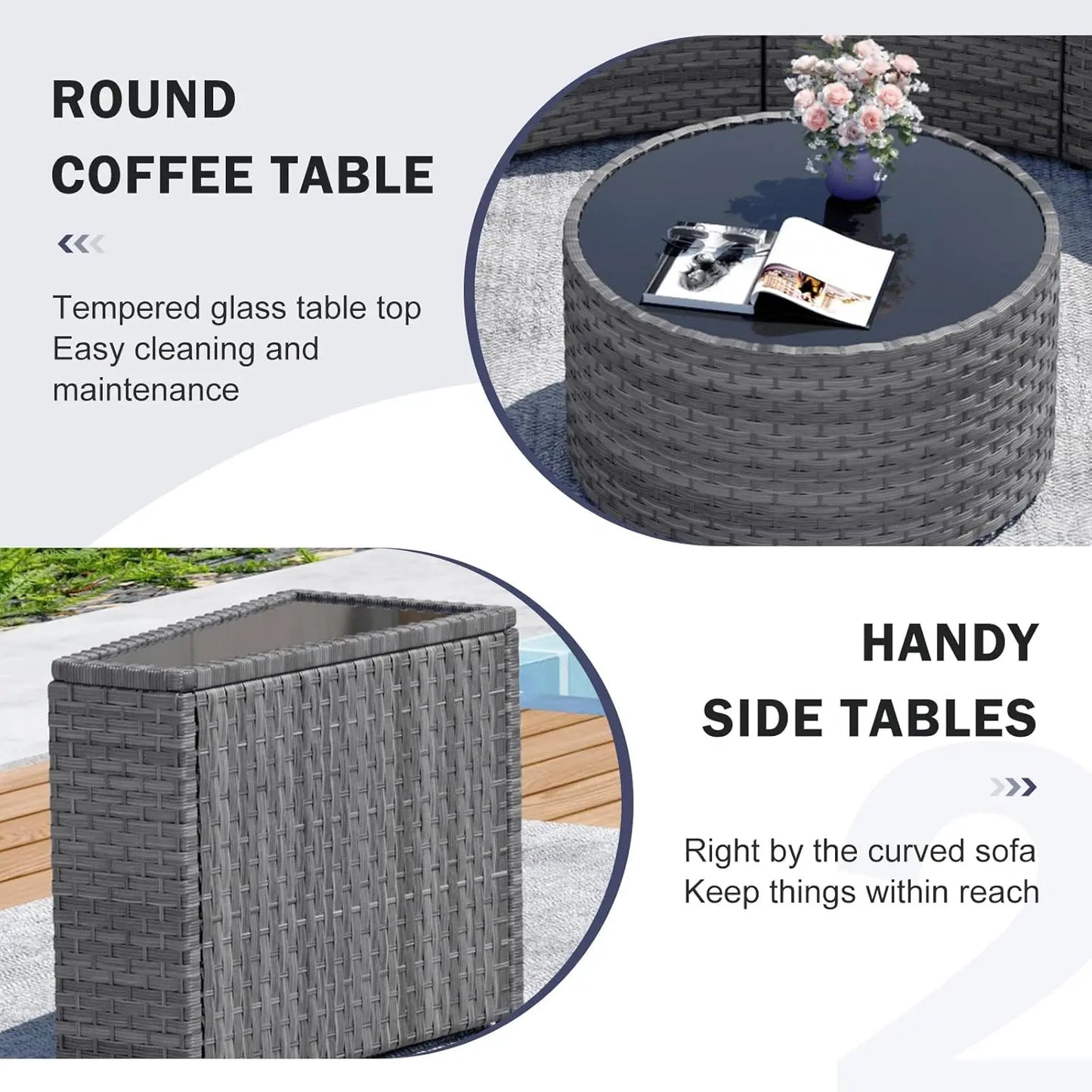 Half Moon 11PC Curved Wicker Patio Sofa Set w/Coffee Table, Gray, Customized