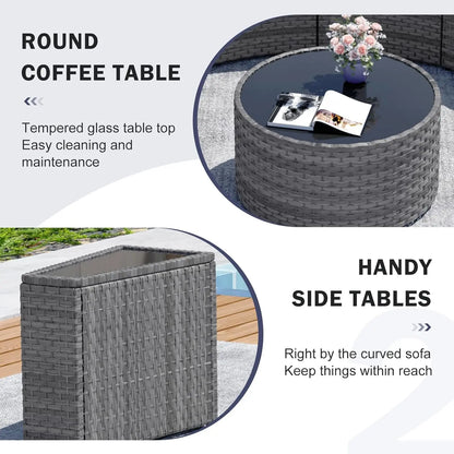 Half Moon 11PC Curved Wicker Patio Sofa Set w/Coffee Table, Gray, Customized