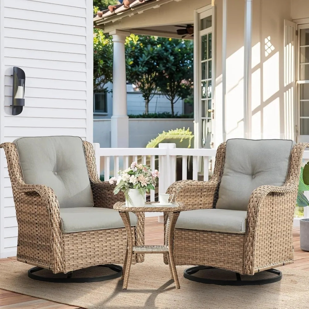 Chair Outdoor, Patio Bistro Furniture Conversation Set, Cushioned Wicker Chair with Glass Coffee