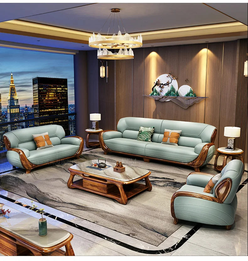 A71Chinese ebony leather sofa modern simple solid wood villa living room leather sofa