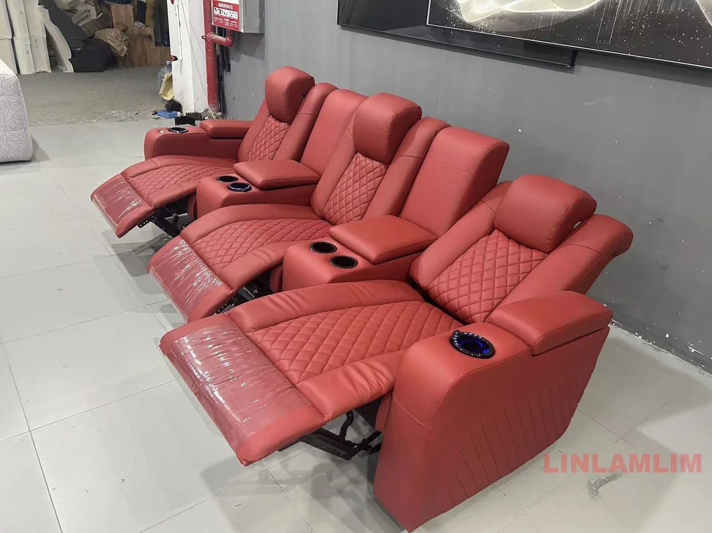 Linlamlim Luxury 3-Seat Recliner Sofa with Cup Holders, Leather Home Theater Seating, Cinema Recliner Couch with Center Console
