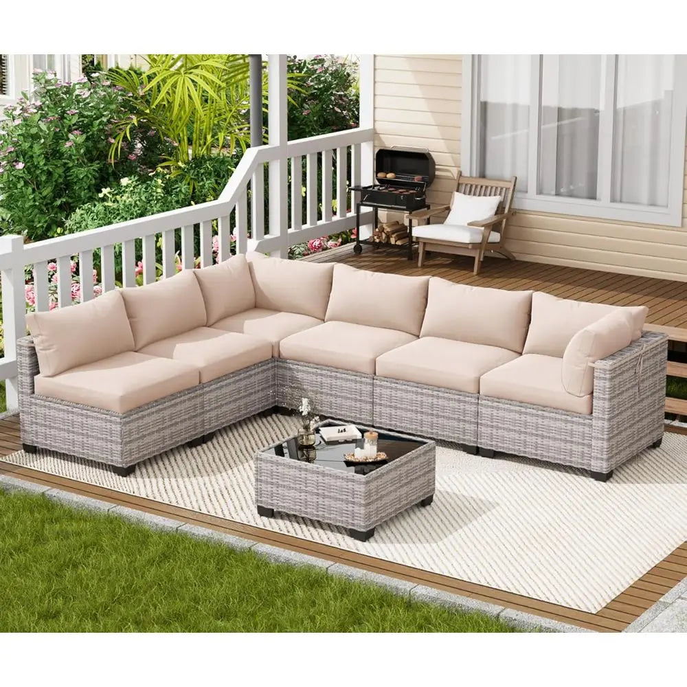 7-Piece Outdoor Patio Furniture Set, Sectional Sofa, Wicker Rattan, with Coffee Table and Cushions