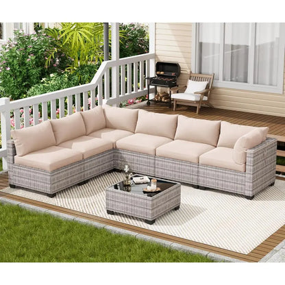 7-Piece Outdoor Patio Furniture Set, Sectional Sofa, Wicker Rattan, with Coffee Table and Cushions