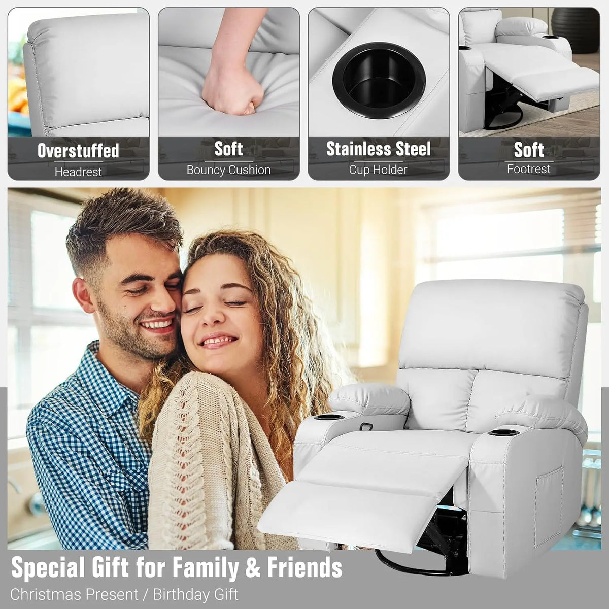 Swivel Rocker Recliner Chair with Massage Heat USB Charging Grey